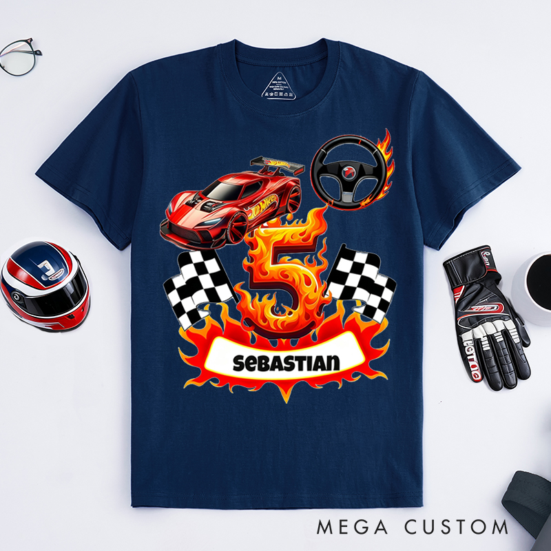 Personalized Racing T-Shirt Custom Name and Number Flame Car Checkered Flag Design for Racers and Racing Lovers