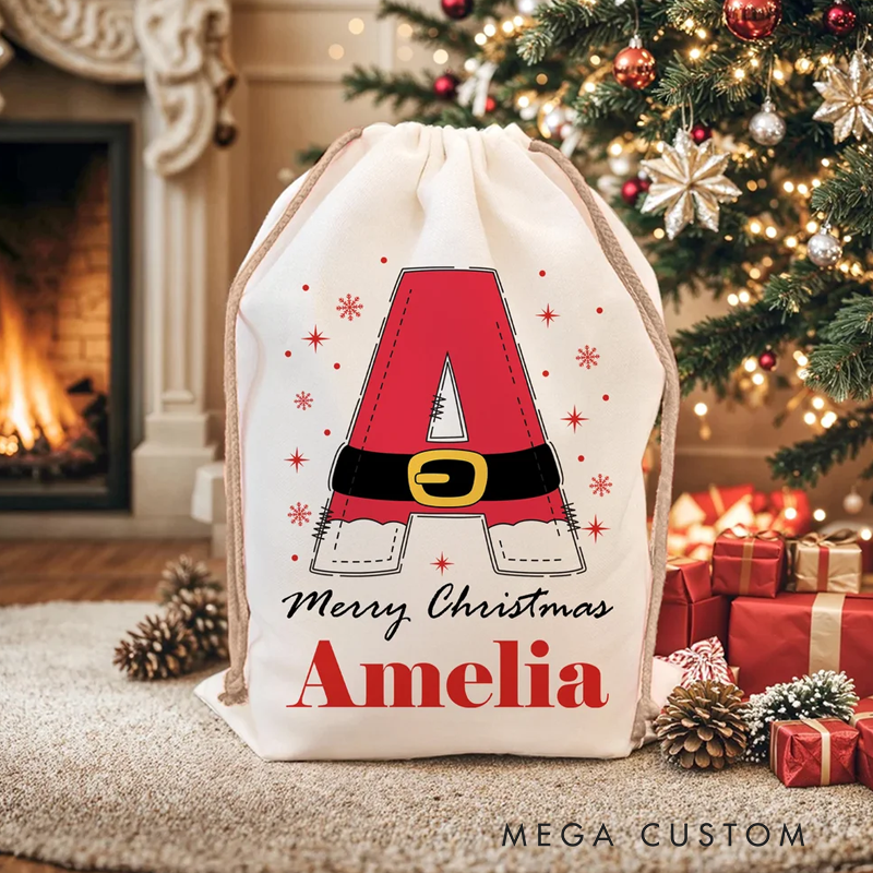 Personalized Snowflake Santa Claus Initial Drawstring Christmas Gift Bag with Name Merry Christmas Gift for Kids Family