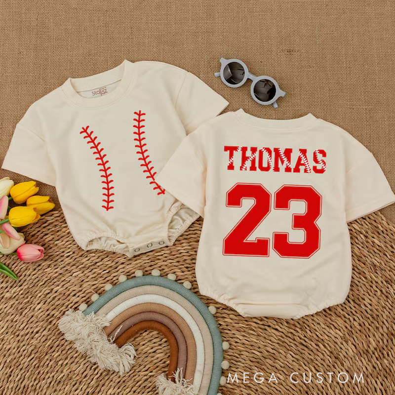 Personalized Baseball Baby Romper Custom Name and Number Game Day Baby Bodysuit Baby Boy Baseball Outfit Baseball Baby Shower Gift