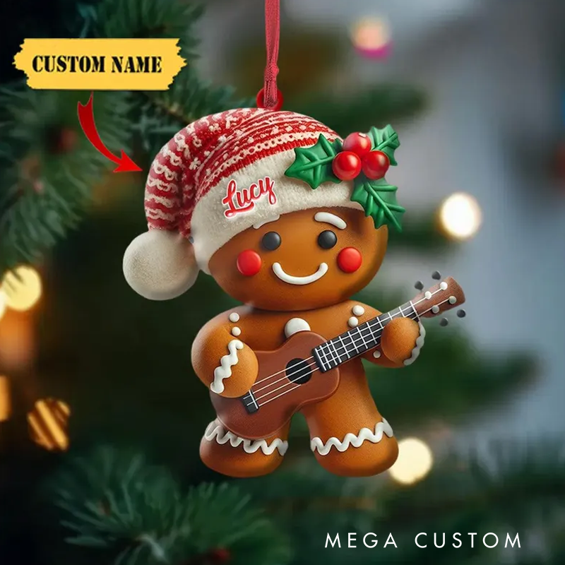 Personalized Gingerbread Playing Piano Ornament Custom Name Ukulele Christmas Tree Ornament Music Band Ornament