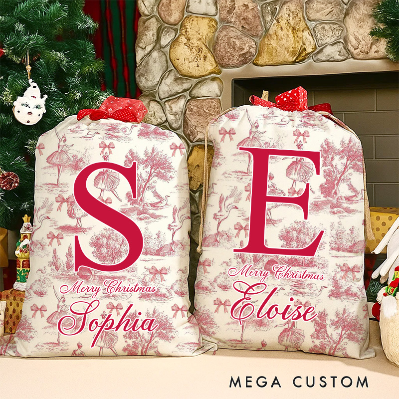 Personalized Vintage Toile De Jouy Ballet Initial Canvas Drawstring Gift Bag with Name Christmas Gift for Family Friends Dance Lovers