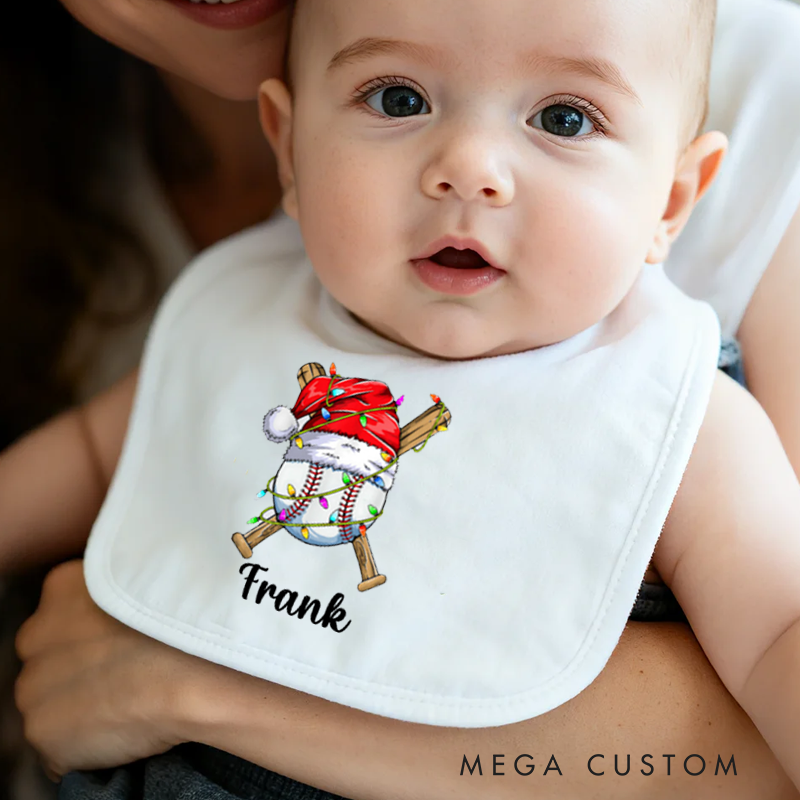 Personalized Christmas Hat Sports Ball Baby Bib Baby Bib with Name Feeding Accessory Baby Shower Welcome Christmas Gift for Baby Kid