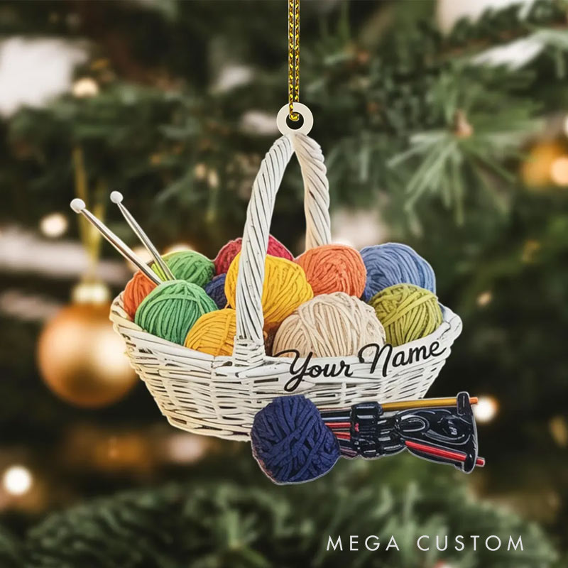Personalized Knitting Ornament  Custom Yarn Basket with Needles Acrylic Christmas Ornament Gift for Knitting Lovers