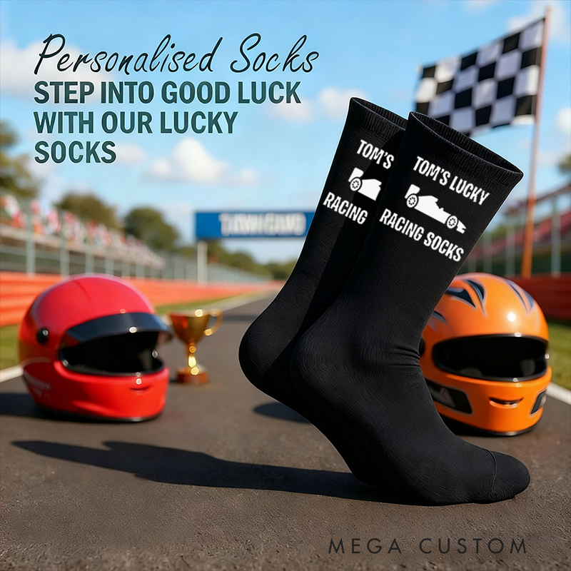 ]Personalized Lucky Racing Socks with Name Custom and Racing Car Design  Gift for Racers and Racing Lovers