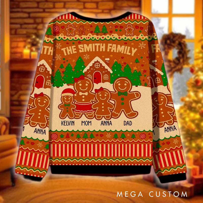 Personalized Gingerbread Family Ugly Christmas Sweater with Name Custom Name Holiday Jumper Matching Party Top