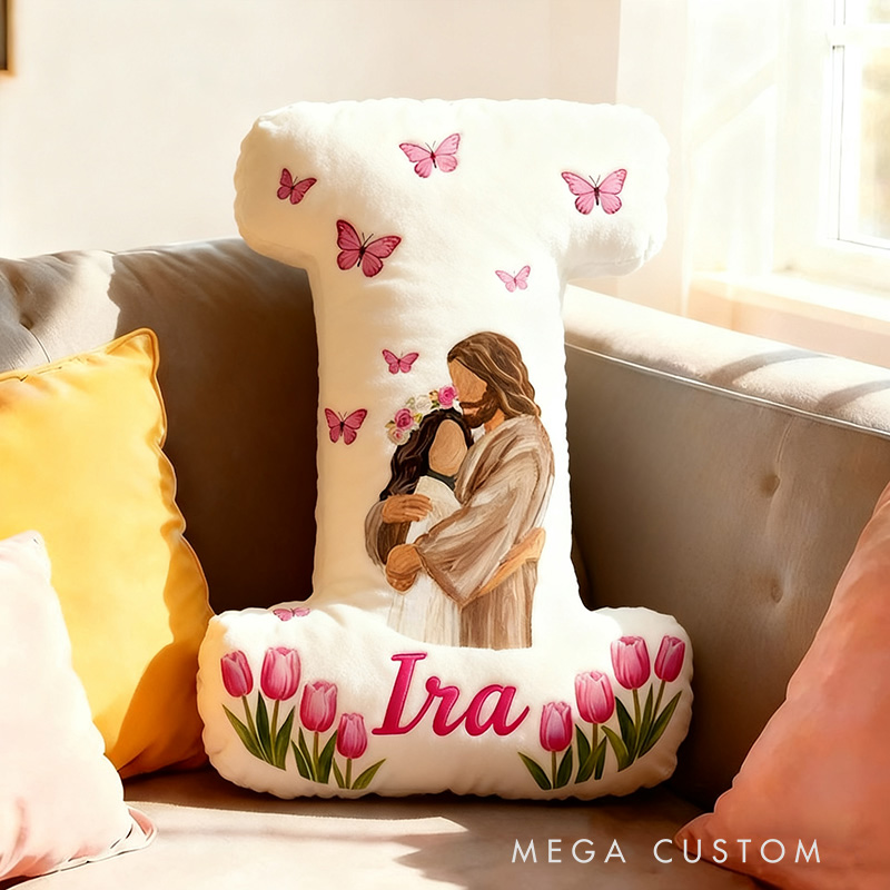 Personalized Jesus Hug Letter Pillow with Custom Name Kid Rome Decor Pink Butterflies and Tulips Christian Pillow Religious Gift for Her
