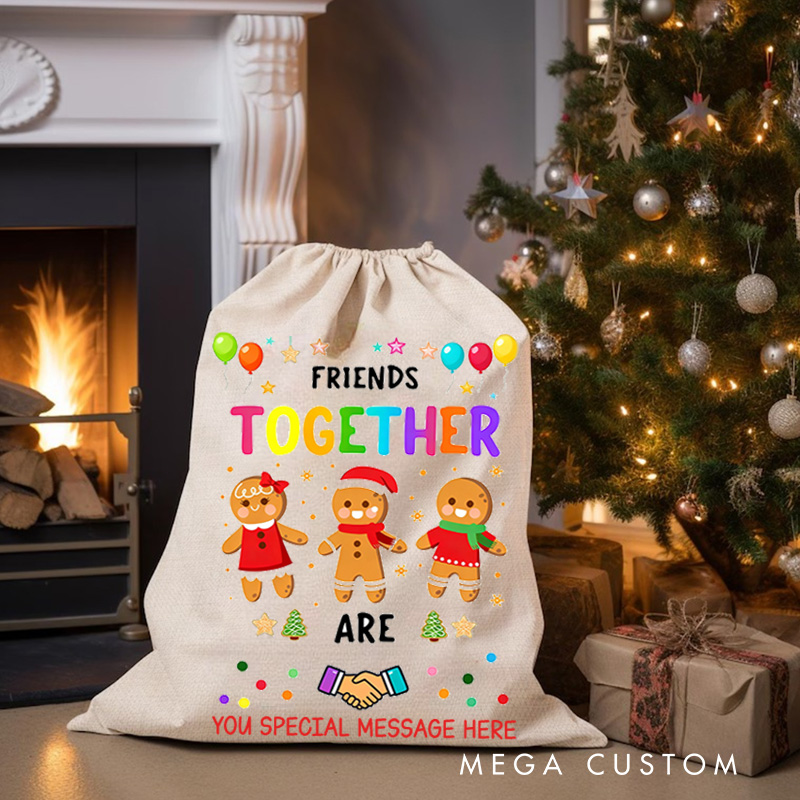 Personalized Gingerbread Friends Together Holiday Gift Sack Colorful Balloons Stars Friendship Joyful Festive Spirit Christmas Bag