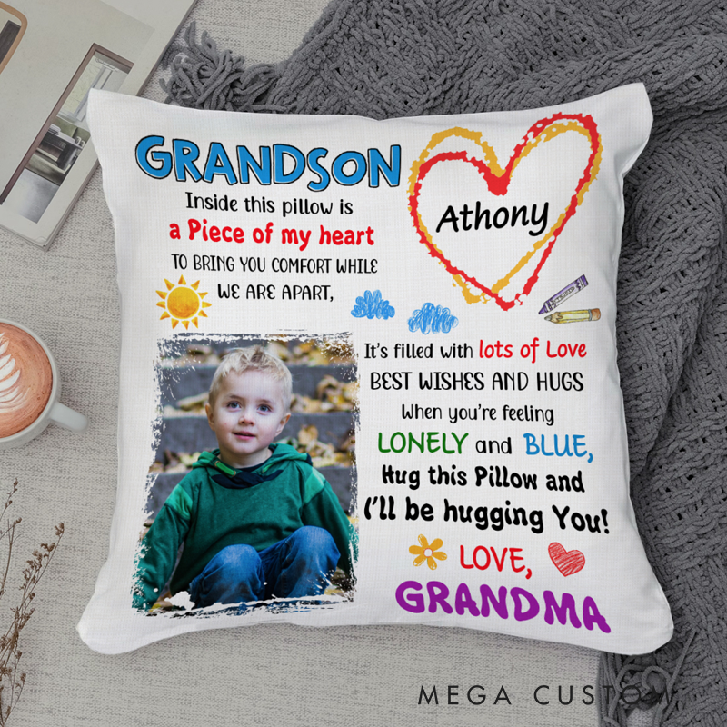 Personalized Grandson Photo Pillow Grandson Gifts from Grandma Inside This Pillow Is a Peace of My Heart Grandson Gifts
