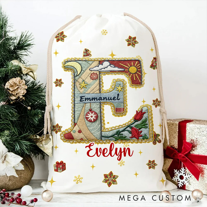 Personalized Christian Christmas Tree Snowflake Initial Drawstring Canvas Gift Bag with Name Collage Style Christmas Eve Party Favors for Kids Family