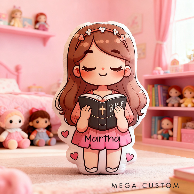 Personalized Cute Girl Holding Bible Pillow with Custom Name Kids Room Decor Religious Christian Faith Gift for Girl