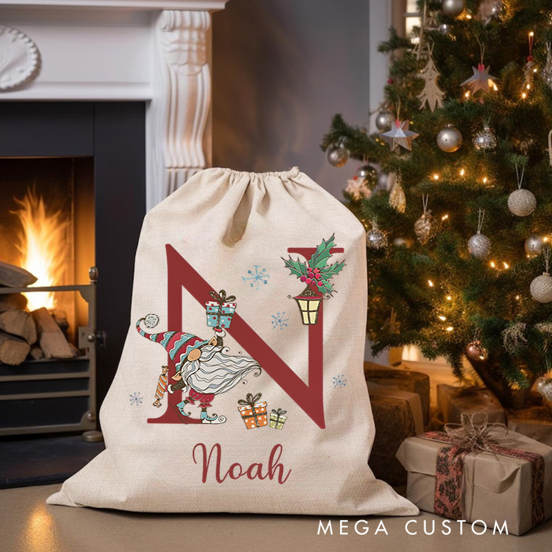 Personalized Cute Gnome Initial Letter Holiday Gift Sack Festive Custom Name Santa Style Joyful Holiday Magic Christmas Bag
