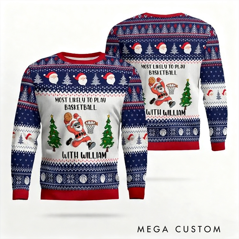 Personalized Basketball Christmas Sweater with Santa Design and Custom Name