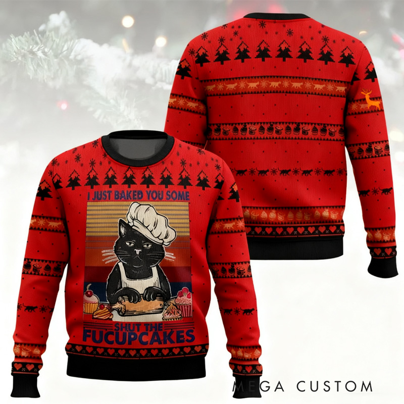 Personalized Shut the Fucupcakes Christmas Sweater Christmas Ugly Sweater for Men and Women Baking Cat Lover Christmas Gift