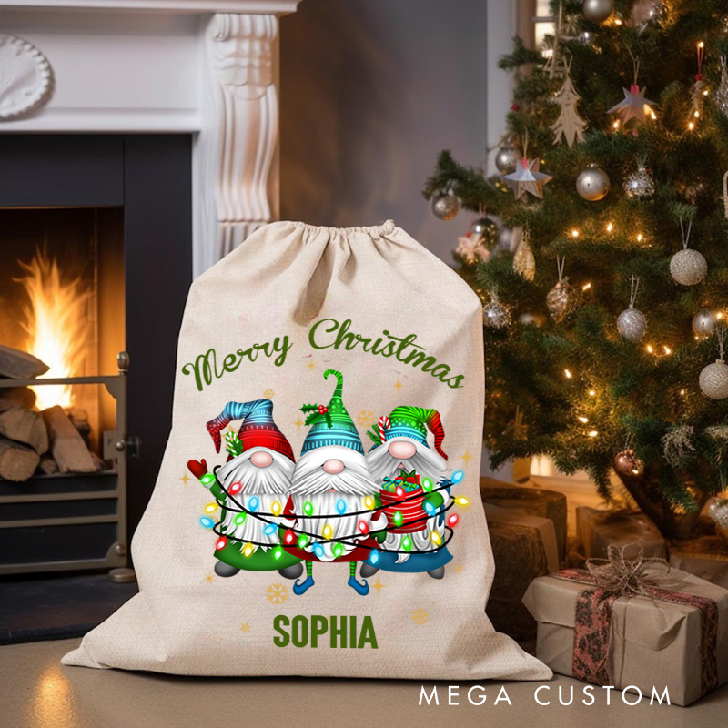 Personalized Cute Gnome Family Holding Christmas Lights Festive Custom Name Holiday Gift Sack Joyful Winter Celebration Christmas Bag
