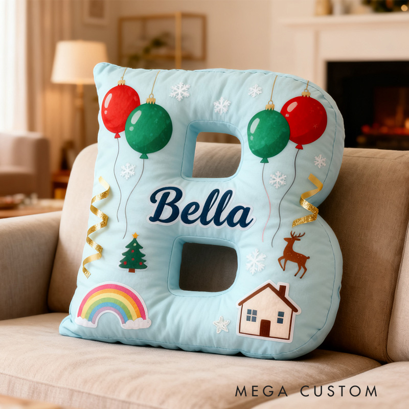 Personalized Holiday Letter Pillow Graphic 3D Print Festive Decorative Cushion for Kids Room Custom Name Design Cozy Gift for Christmas
