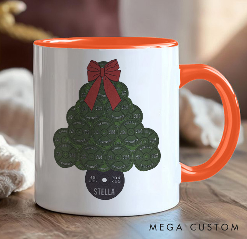 Personalized45lb Plate Christmas Tree Mug with Lifter Christmas Mug Gift Motivational Coffee Cup for Fitness Enthusiasts Bodybuilders and Gym Lovers