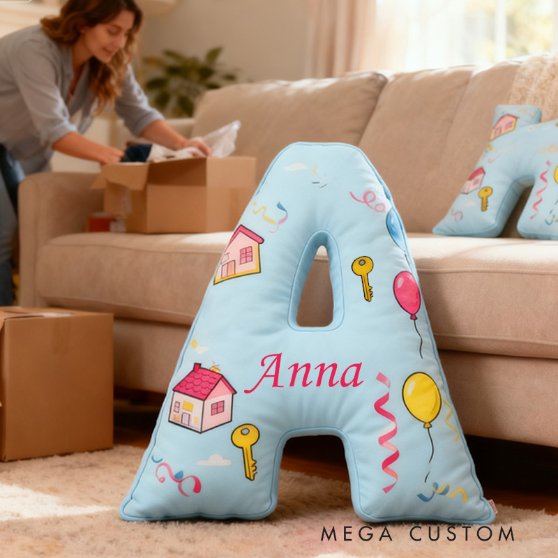 Personalized New Home Letter Pillow Graphic 3D Print Custom Name Design Soft Decorative Cushion with House and Balloon Theme Perfect Gift