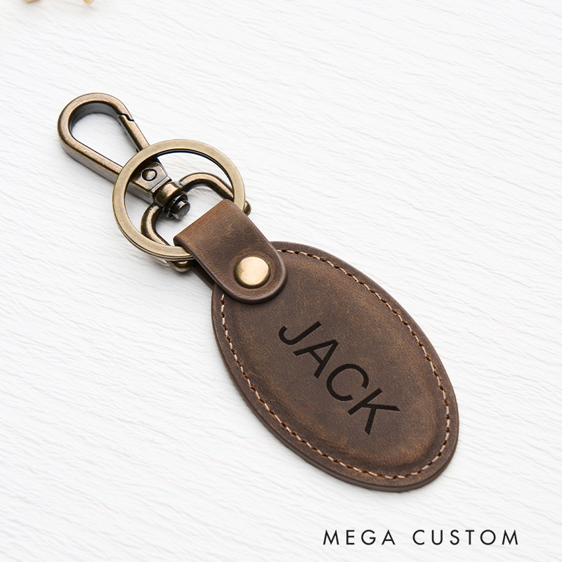 Personalized Leather Keychain for Men Custom Oval Keychain with Name Engraved Leather Key Chain Anniversary Gift for Him Groomsmen Gift Birthday Gift