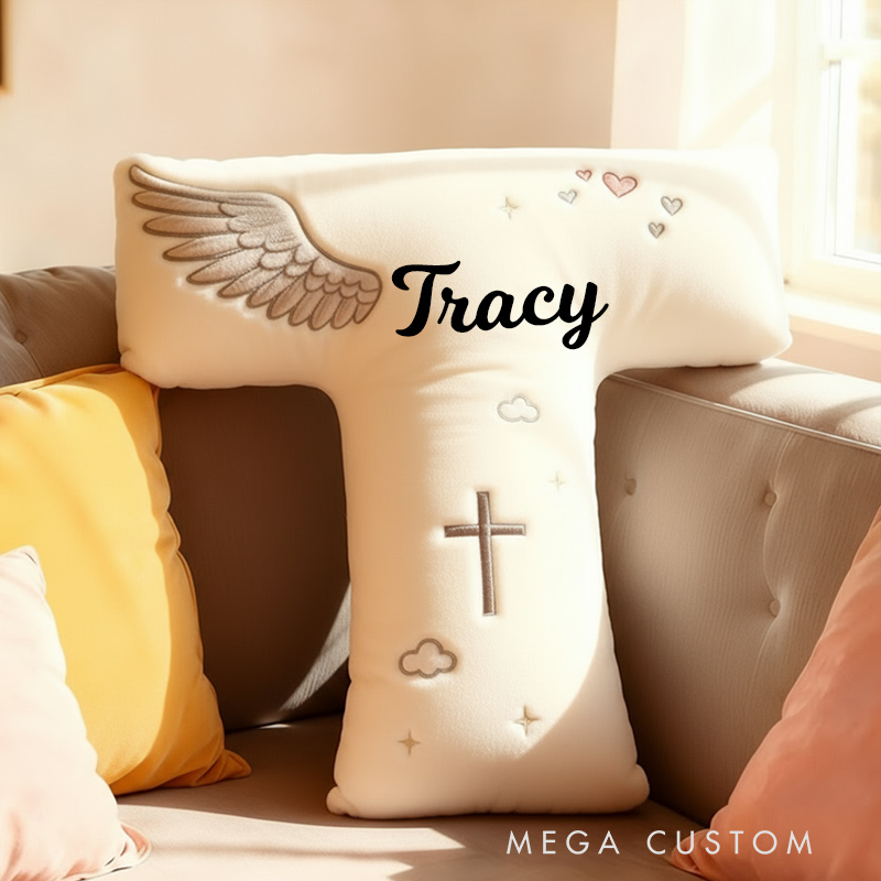 Personalized Letter Pillow Angle Wings Graphic 3D Print Custom Name Design Pillow for Family Gift