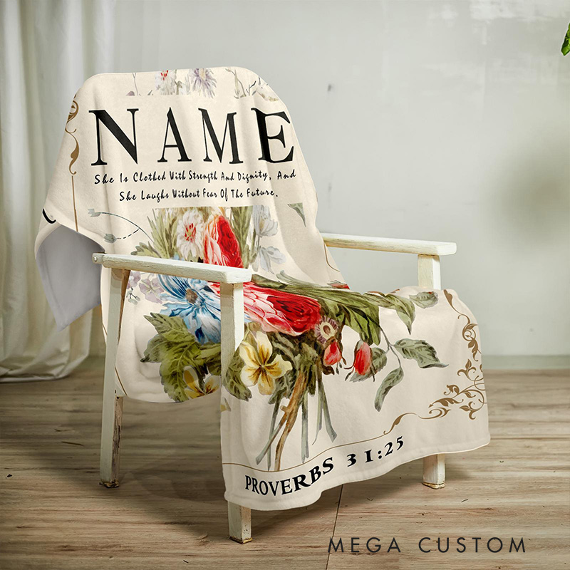 Personalized She is Clothed with Strength and Dignity Soft Throw Blanket for Women with Custom Name Home Decor Religious Birthday Gift for Wife Mom