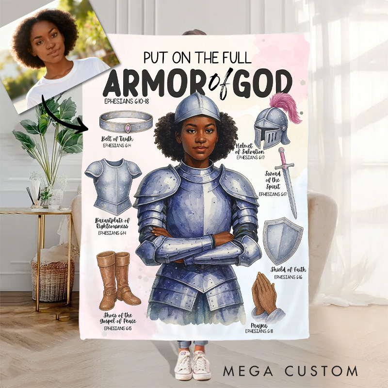 Personalized Armor of God Soft Throw Blanket for Women with Custom Photo Home Decor Belt of Truth Shield of Faith Religious Faith Gift for Her