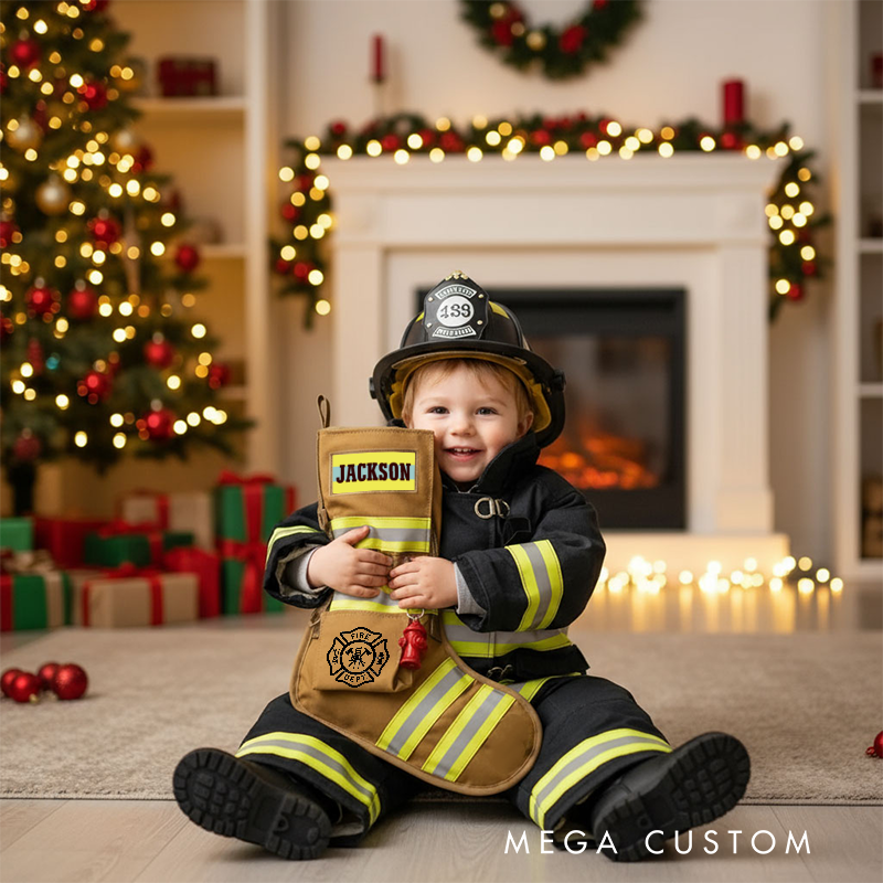 Personalized Firefighter Christmas Stocking with Custom Name and Reflective Stripes Unique Christmas Firefighter Gift