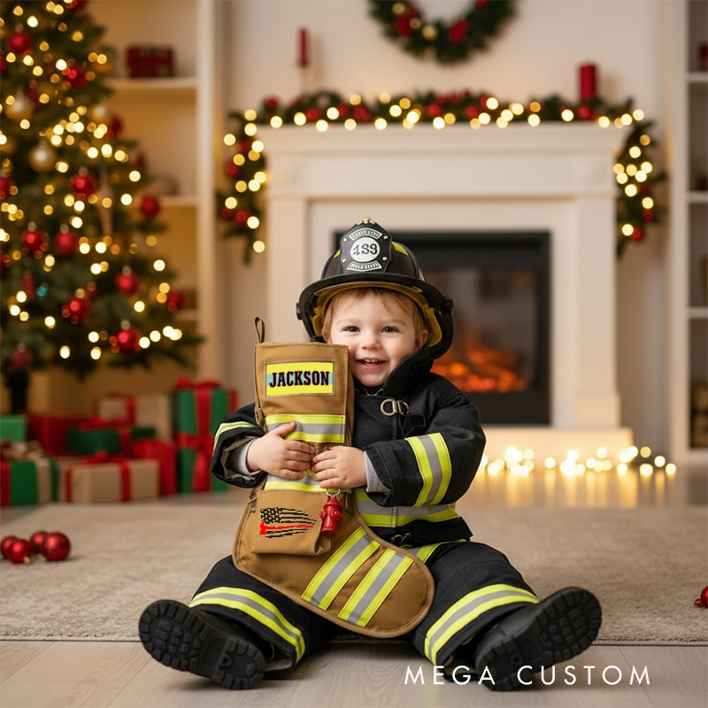Personalized Firefighter Christmas Stocking with Custom Name Reflective Stripes and Flag Patch Perfect Holiday Gift