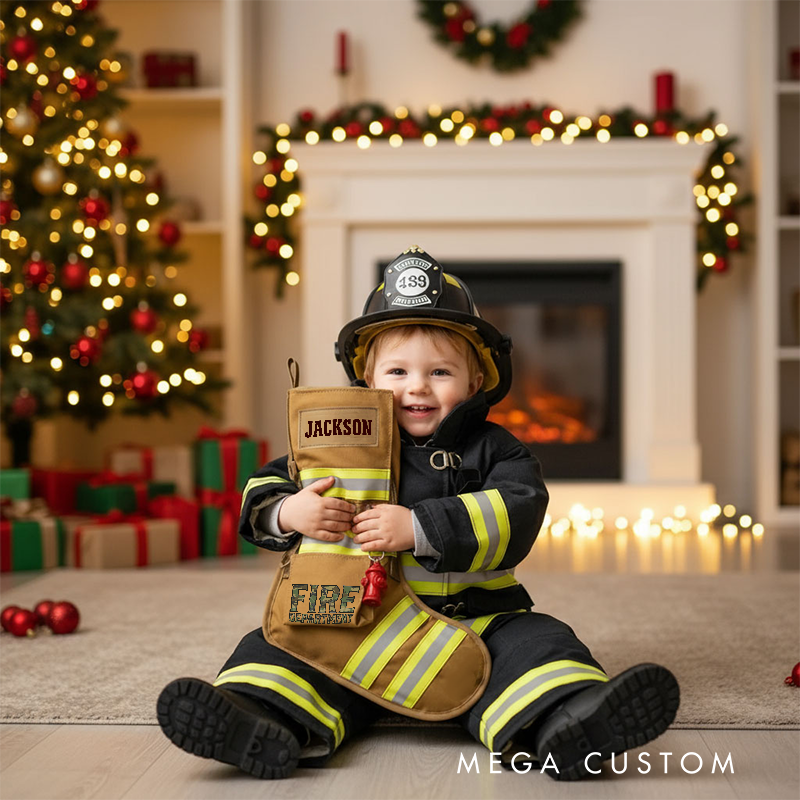 Personalized Firefighter Christmas Stocking with Custom Name Reflective Stripes and Fire Department Logo Perfect Holiday Gift