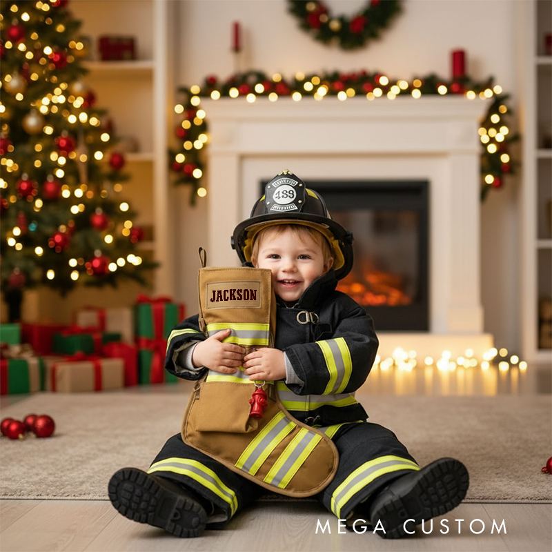 Personalized Firefighter Christmas Stocking with Custom Name and Reflective Stripes Perfect Holiday Gift