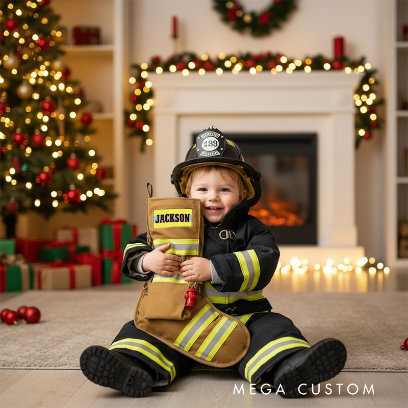 Personalized Firefighter Christmas Stocking with Custom Name and Reflective Stripes Perfect Holiday Gift