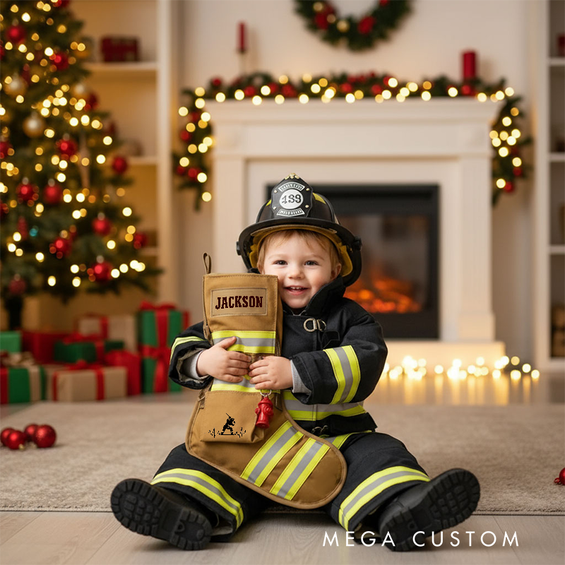 Personalized Firefighter Christmas Stocking with Custom Name Reflective Stripes and Firefighter Dog Design Perfect Holiday Gift