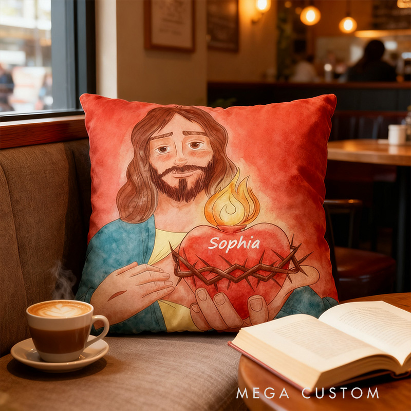 Personalized Sacred Heart of Jesus Throw Pillow Cover with Name Home Decor Jesus Warmth Pillow Religious Christian Gift