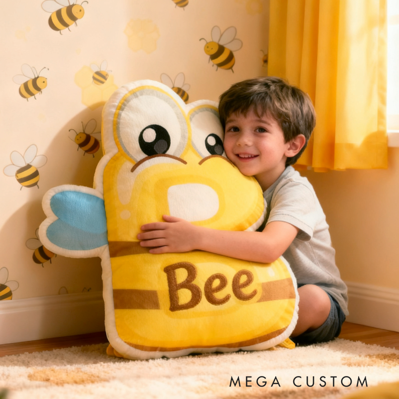 Personalized Cartoon Cute Bee Initials with Name Graphic 3D Print Pillow Christmas Gift for Kids 