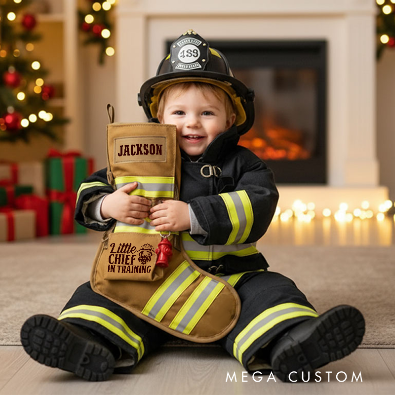 Personalized Firefighter Christmas Stocking with Custom Name Reflective Stripes and Firefighter Dog Design Perfect Holiday Gift