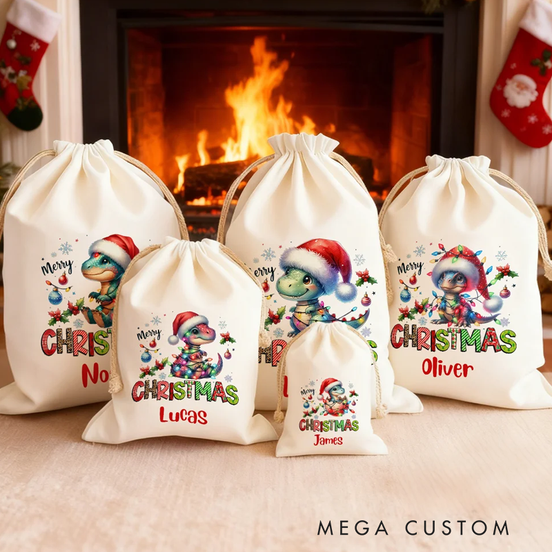 Personalized Lanterns Santa Hat Dinosaur Large Canvas Drawstring Gift Bag with Name Christmas Gift for Family Friends
