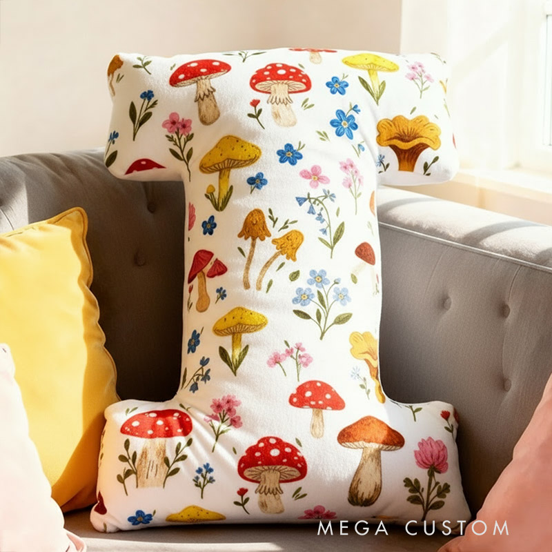 Personalized Cute Letter Pillow Whimsical Mushroom Flower Pillow for Kids Family Gardening Lover Gift