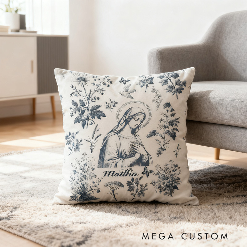 Personalized Catholic Virgin Mary Toile Throw Pillow Cover with Name Home Decor Our Lady Vintage Floral Catholic Throw Pillow Christian Gift for Women