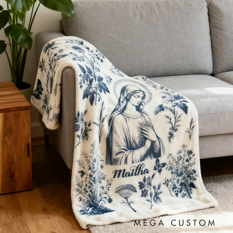 Personalized Catholic Virgin Mary Toile Soft Throw Blanket with Name Home Decor Our Lady Vintage Floral Catholic Marian Blanket Christian Gift for Her