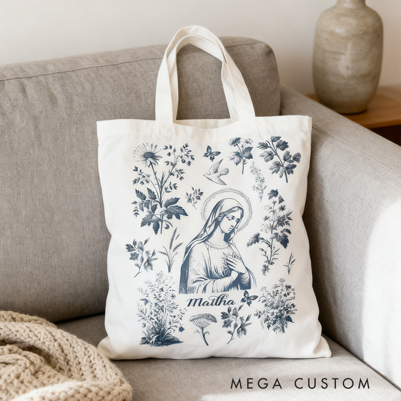 Personalized Catholic Virgin Mary Toile Canvas Tote Bag with Name Daily Use Our Lady Bag Vintage Floral Marian Catholic Tote Christian Gift for Women
