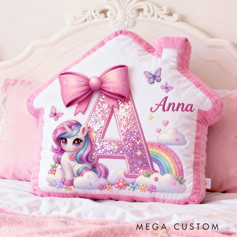 Personalized Unicorn Pillow Pink House-Shaped 26 Letters Custom Name Design Perfect for Girl's Bedroom Decor and Gift Idea Graphic 3D Print