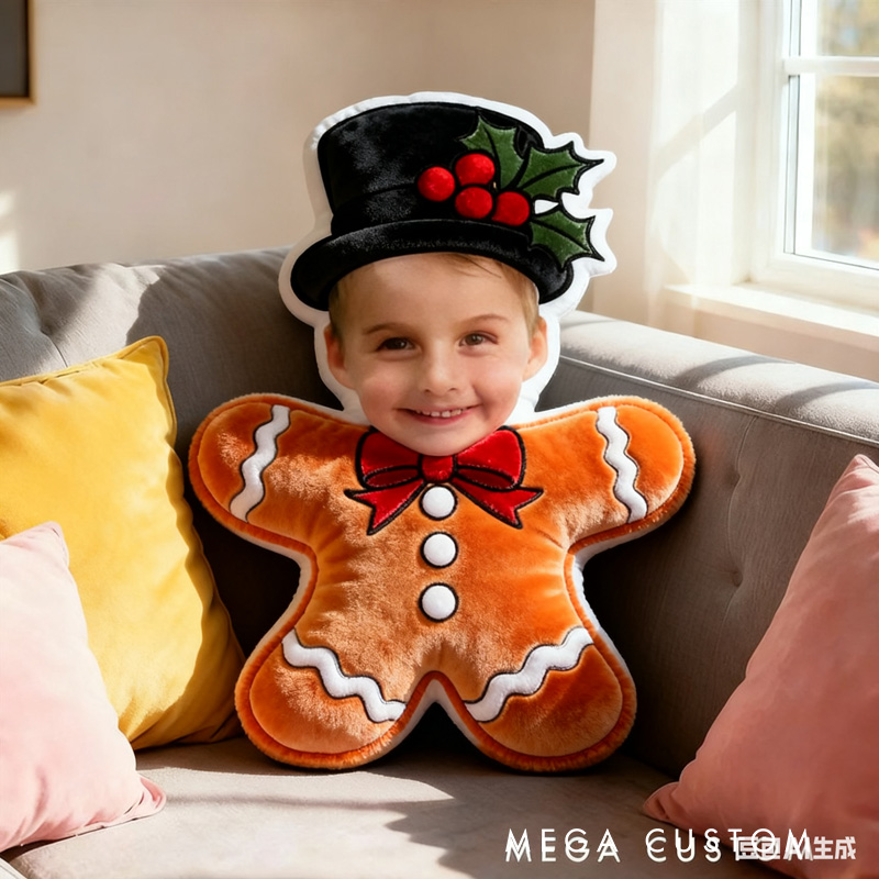 Personalized Gingerbread Photo Throw Pillow Graphic 3D Personalized Holiday Photo Craft and Festive Decor Christmas Pillow for Family 