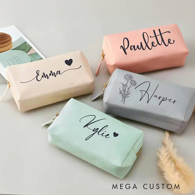 Personalized Leather Makeup Bag Custom Monogrammed Cosmetic Bag for Travel Lovers