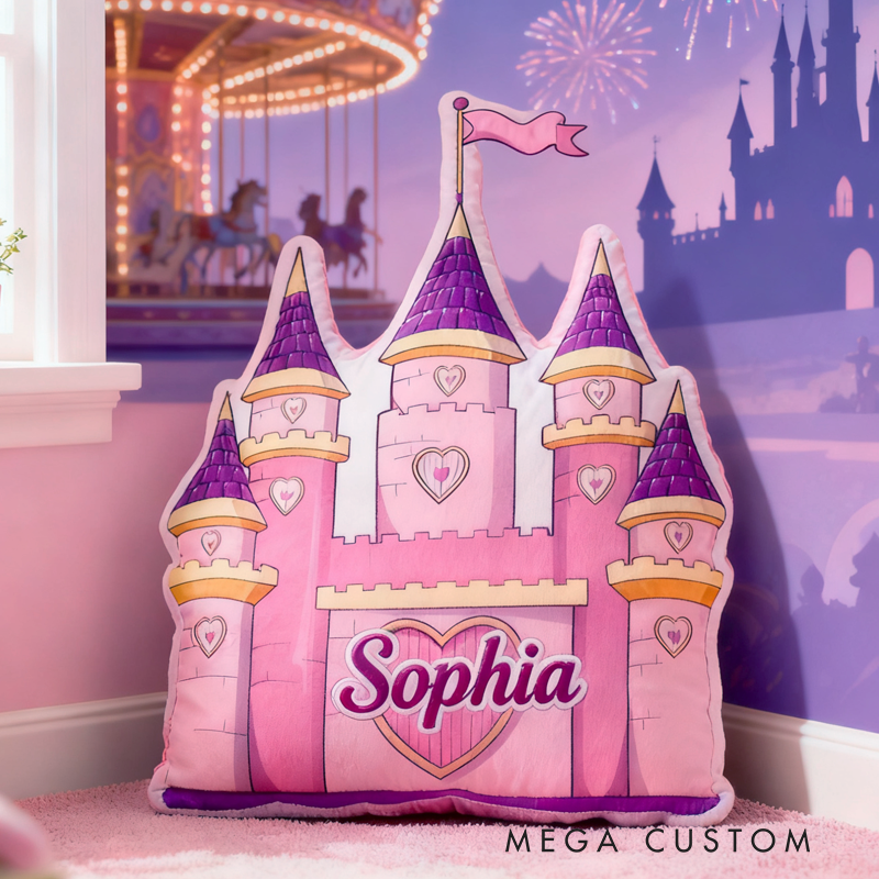 Personalized Cute Pink and Purple Castle with Name Graphic 3D Print Pillow Christmas Gift for Kids 