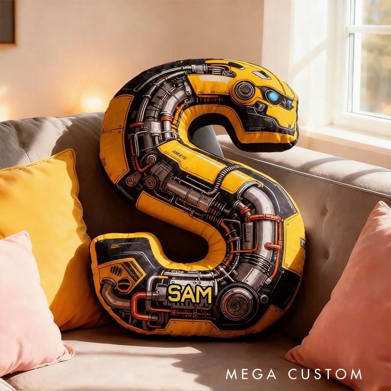 Personalized Yellow Machine Alphabet Shaped Pillow for Movie Lovers Initial Pillow Christmas Gift for Boys Kids