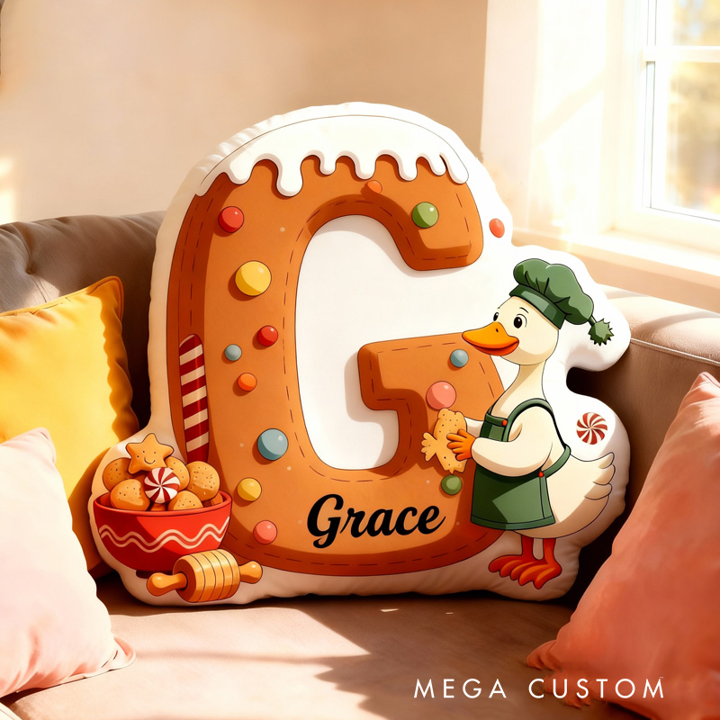 Personalized Christmas Goose Alphabet Throw Pillow Graphic 3D Print Gingerbread Letters with Name Goose Baker Festive Decor Gift for Kids Boys Girls Family 