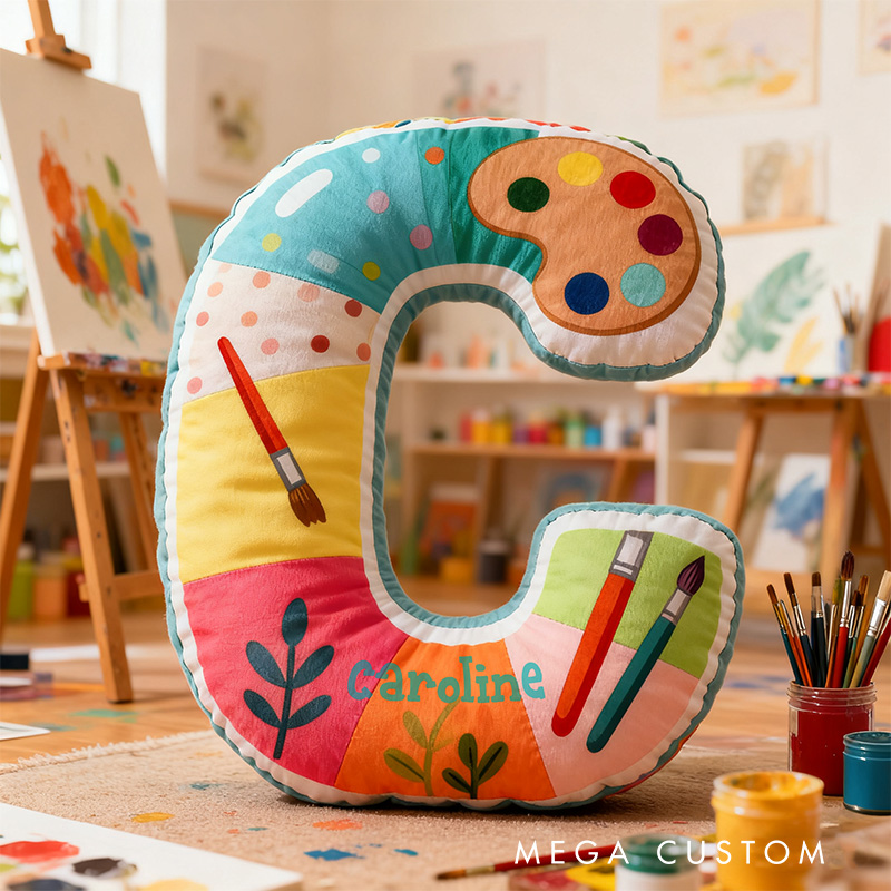 Personalized Graphic 3D Print Little Artist Alphabet Shaped Pillow for Art Lovers Initial Pillow Christmas Gift for Kids