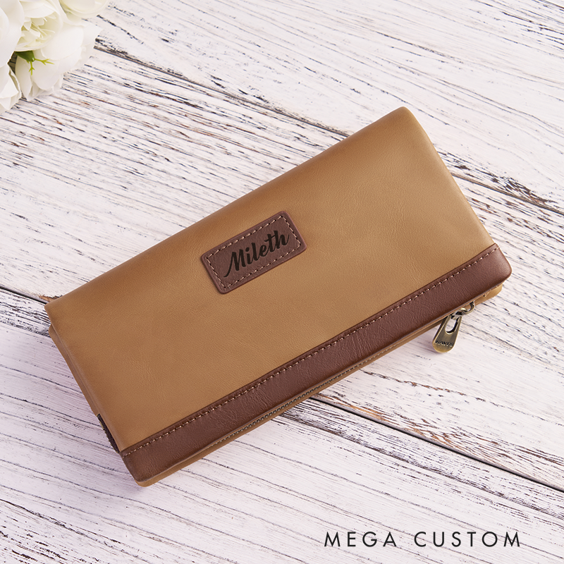 Personalized Leather Wallet for Women Engraved Leather Wallet with Name Women Slim Wallet Clutch Purse Leather Wallet With Zipper Unique Gift for Her Birthday Gifts
