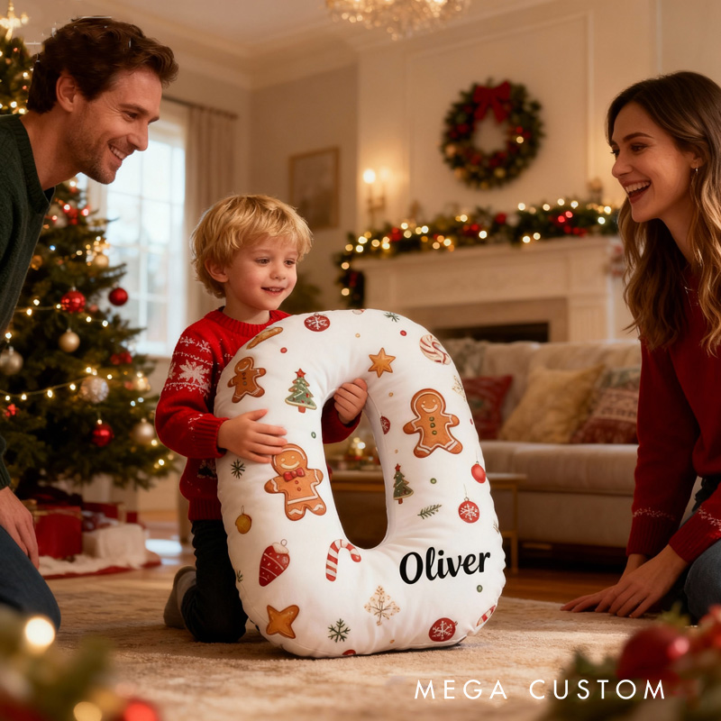 Personalized Gingerbread Cookie Alphabet Throw Pillow Graphic 3D Print Christmas Letters with Name for Baker Festive Decor Gift for Kids Boys Girls Family 