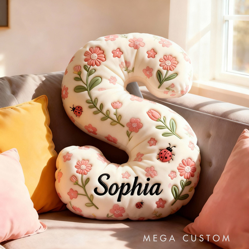 Personalized Boho Flower Letter Pillow Graphic 3D Print Pillow Custom Name Pillow for Kids Gardening Lovers Gift
