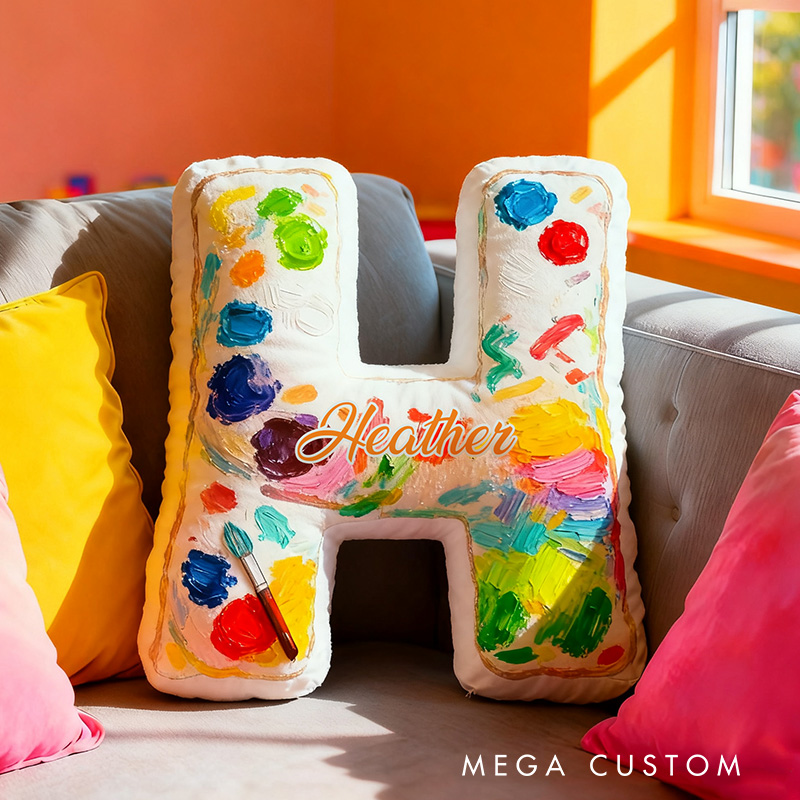 Personalized Graphic 3D Print Oil Painting Artist Alphabet Shaped Pillow for Art Lovers Initial Pillow Christmas Gift for Kids